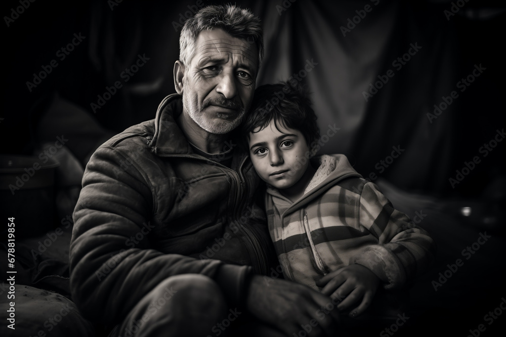Portrait of refugee family with childs at border checkpoint of tent camp. Concept Illegal immigrant due to war, loss of home Portrait of refugee family with childs at border checkpoint of tent camp. Concept Illegal immigrant due to war, loss of home