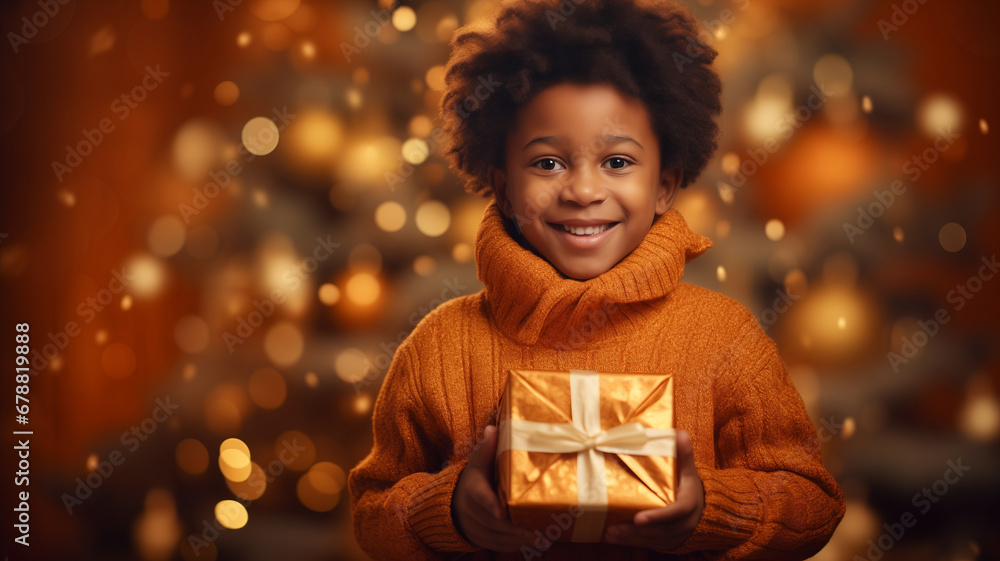 Smile afro american little curly boy hugging gift box on yellow background with light bokeh of xmas tree. Banner Christmas for Happy child, warm mood Smile afro american little curly boy hugging gift box on yellow background with light bokeh of xmas tree. Banner Christmas for Happy child, warm mood