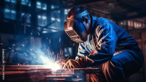 Worker welder with protective mask welding metal, light spark hot metal. Industry iron factory photo