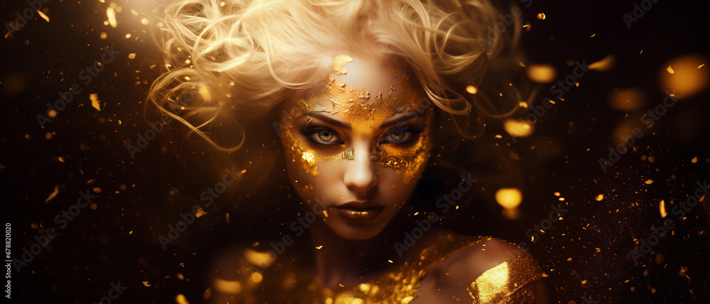 Fototapeta premium Model like an angel with golden face paint and gold leaf sparkling glitter - rich opulence and exquisite delight, cosmetics and skincare advertisement campaign - eternal divine feminine beauty. 