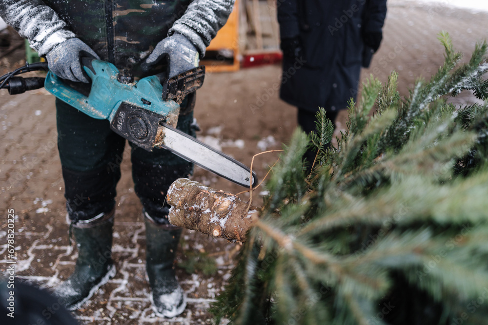 Man cuts a part of the trunk from a Christmas tree with a chainsaw Man cuts a part of the trunk from a Christmas tree with a chainsaw