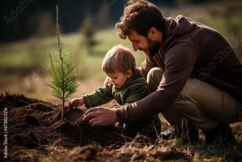 Young father teaching his son the value of nature and environmental education through planting a tree. Bonding through generations, cultivating a sense of responsibility and sustainability © Moritz