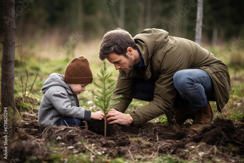 Young father teaching his son the value of nature and environmental education through planting a tree. Bonding through generations, cultivating a sense of responsibility and sustainability
