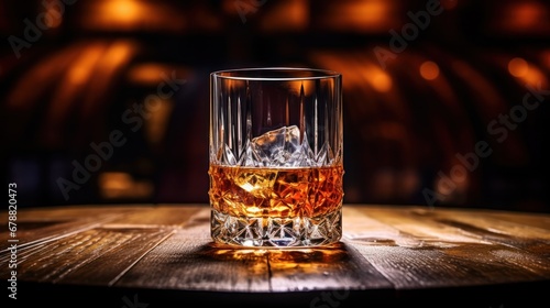 A Glass of Aged Whiskey in a Wooden Barrel with Copper Alambic in the Background photo