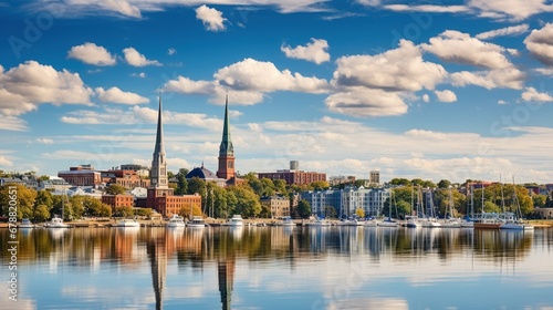 An Annapolis Skyline with blue skies and a peaceful lake surrounded by lush trees.