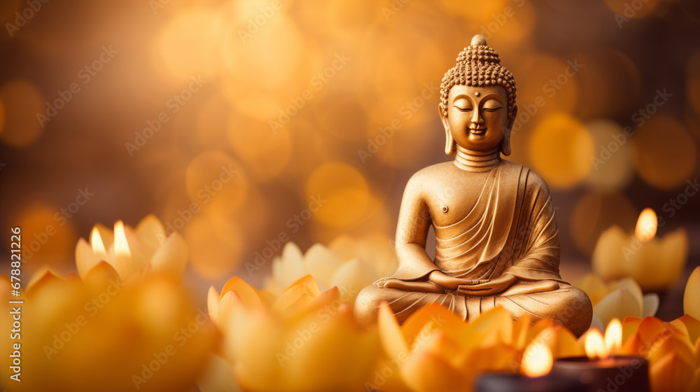 Buddha statue meditate with golden aura on yellow lotus background with light bokeh. Banner Vesak day