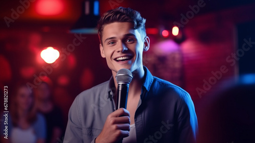 Young caucasian man talks joke into microphone or sings songs. Stand up comedian on stage