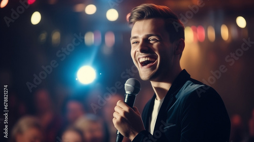 Young caucasian man talks joke into microphone or sings songs. Stand up comedian on stage photo