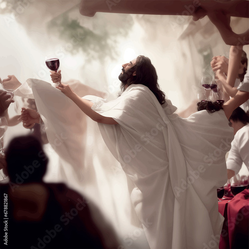 Tableau sur toile Jesus turns water into wine at a wedding illustration