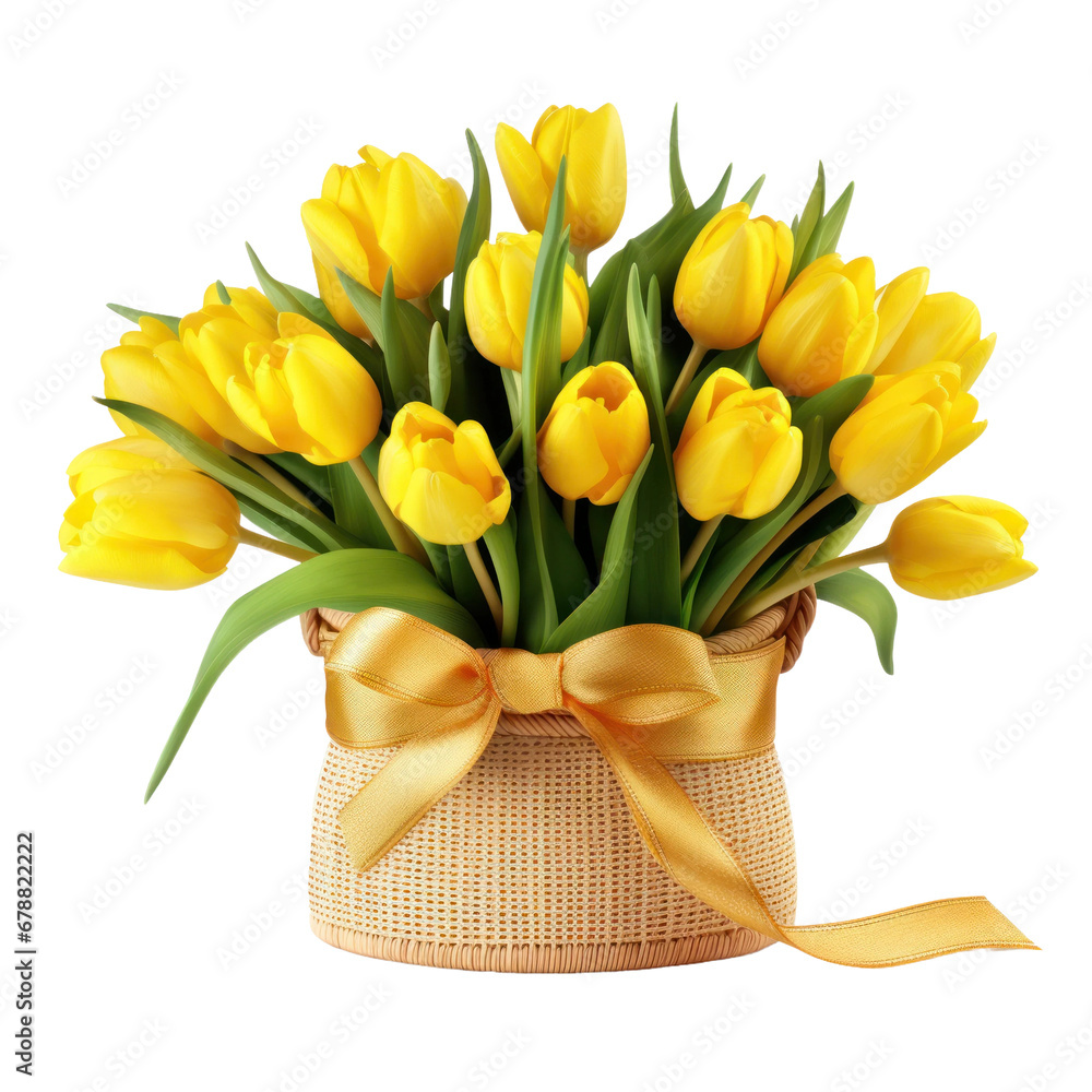 Beautiful yellow tulip flowers in a small wicker basket isolated on transparent background, png clip art, floral element. - obrazy, fototapety, plakaty 