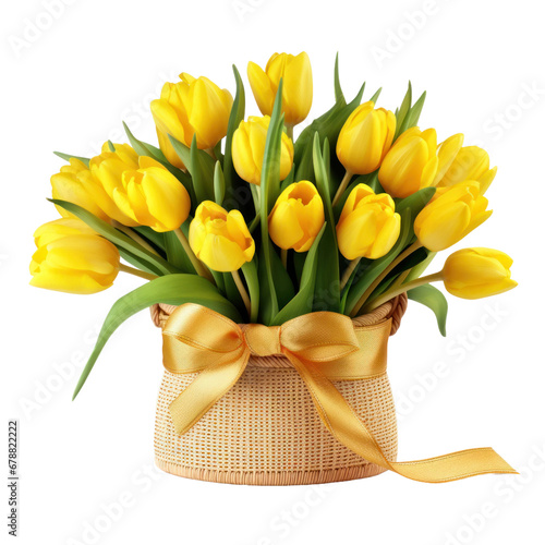 Beautiful yellow tulip flowers in a small wicker basket isolated on transparent background, png clip art, floral element.