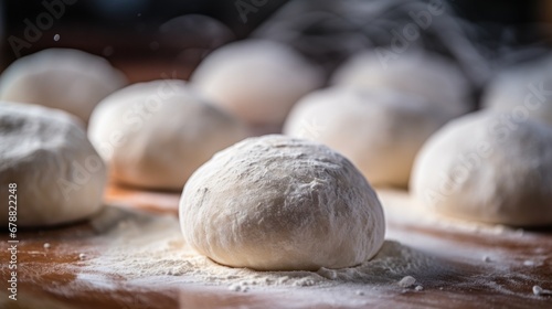 Close up homemade dough with flour, culinary background with copy space.
