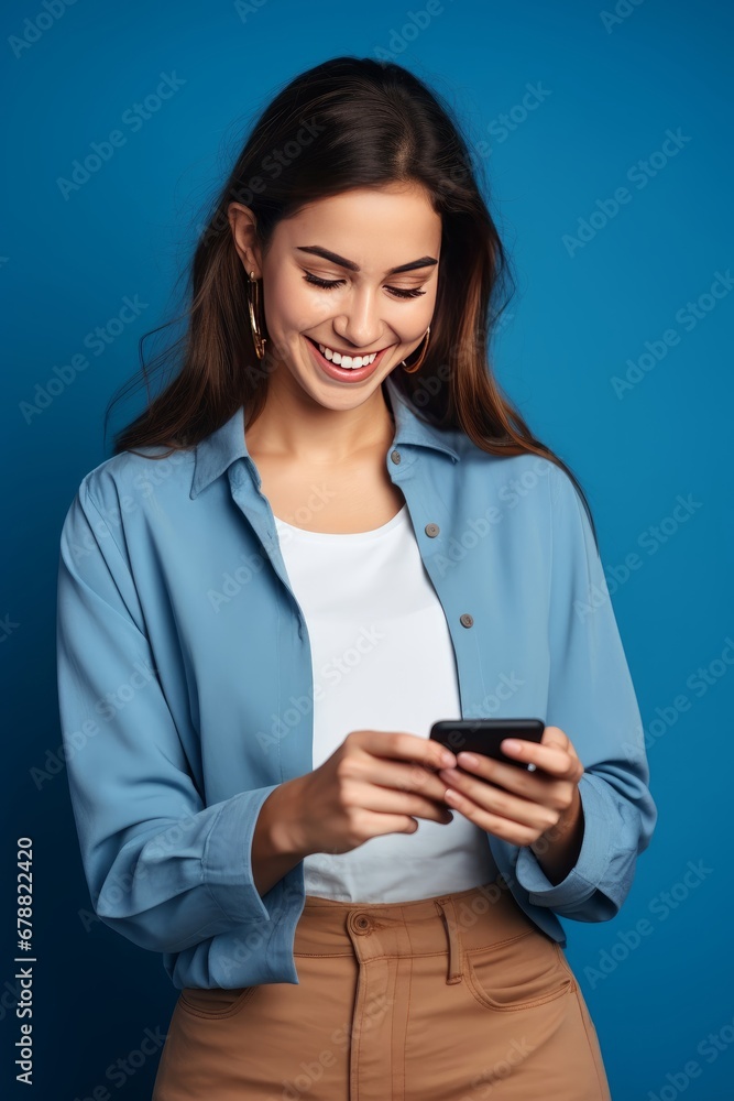 Woman with blue shirt texting on mobile phone, uniform background Woman with blue shirt texting on mobile phone, uniform background