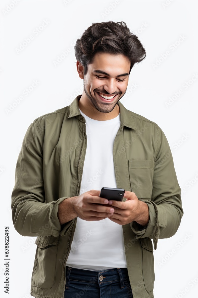 Happy Young Man wearing a green jacket Smilling and texting on smartphone Happy Young Man wearing a green jacket Smilling and texting on smartphone