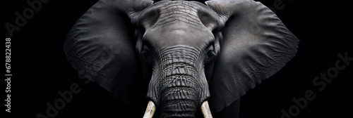 Close up elephant on gray background, wide horizontal panoramic banner with copy space, or web site header with empty area for text. © Sunny_nsk
