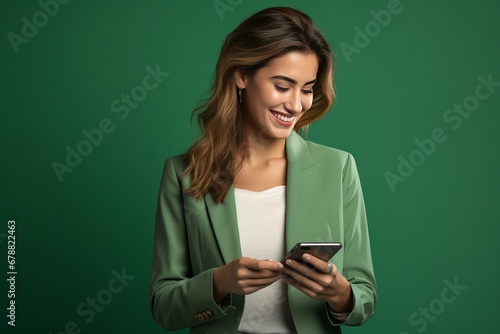 Woman in green suit holding a mobile phone, green background