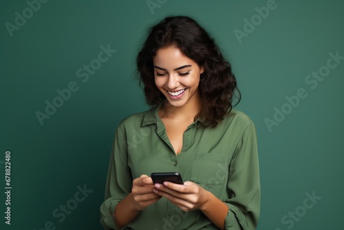 Wallpaper Mural Woman texting on cell phone, Green Background Torontodigital.ca