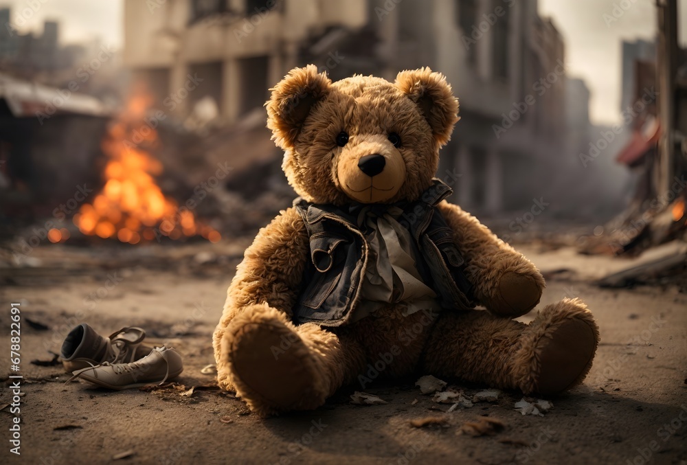 Broken teddy bear toy in destroyed city after war conflict, stop war concept, ruined childhood background Broken teddy bear toy in destroyed city after war conflict, stop war concept, ruined childhood background