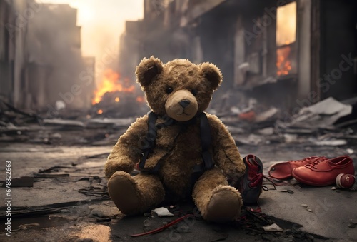 Broken teddy bear toy in destroyed city after war conflict, stop war concept, ruined childhood background