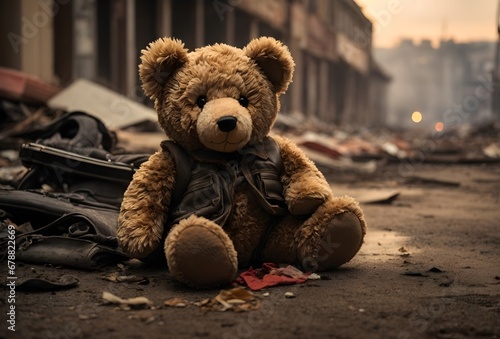 Broken teddy bear toy in destroyed city after war conflict, stop war concept, ruined childhood background