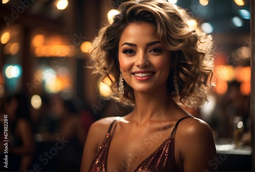 Portrait of beautiful attractive young brunette woman smiling, having fun at night club, lifestyle fashion concept © Karlo