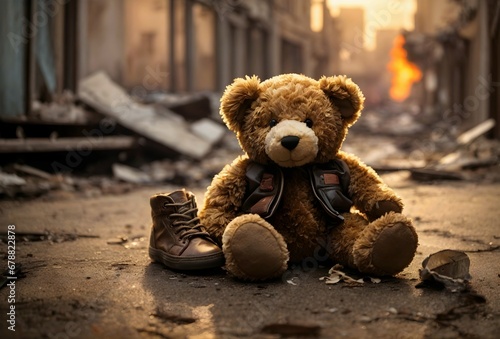 Broken teddy bear toy in destroyed city after war conflict, stop war concept, ruined childhood background photo