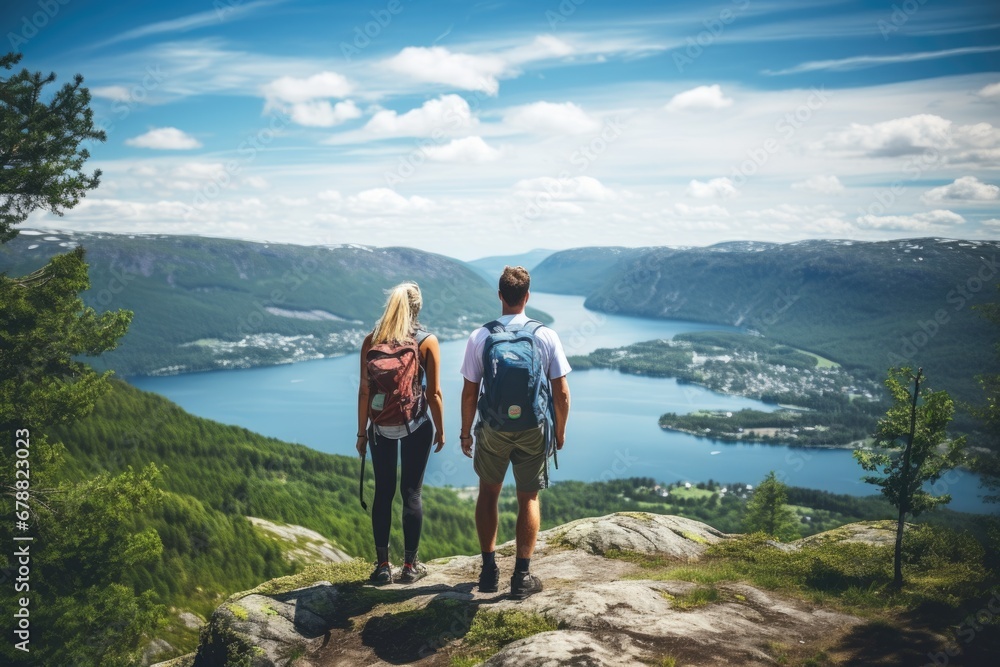 Norwegian Hiking Couple Enjoying Mountain View with Lake in Sunny Summer - Two Active Hikers on an Adventure Hike