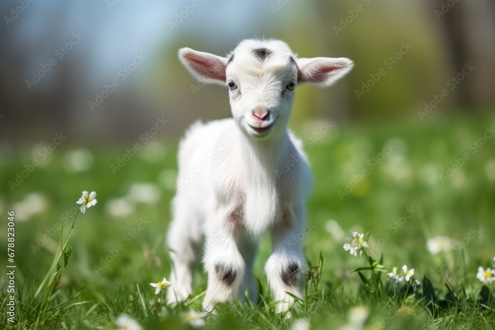 Beautiful White Goat Kid on Green Spring Grass - Cute and Funny Animal Baby of Farming Children Beautiful White Goat Kid on Green Spring Grass - Cute and Funny Animal Baby of Farming Children