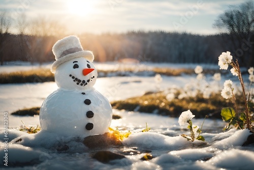 Ein Schneemann schmilzt wegen Klimaerwärmung im Frühling photo