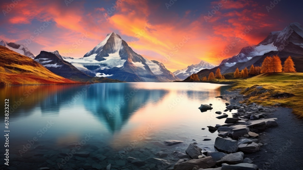 Captivating Swiss Alps Panorama of Bachalpsee at Sunset - Splendid Autumn View of Grindelwald Massif, Bernese Oberland Region, Europe