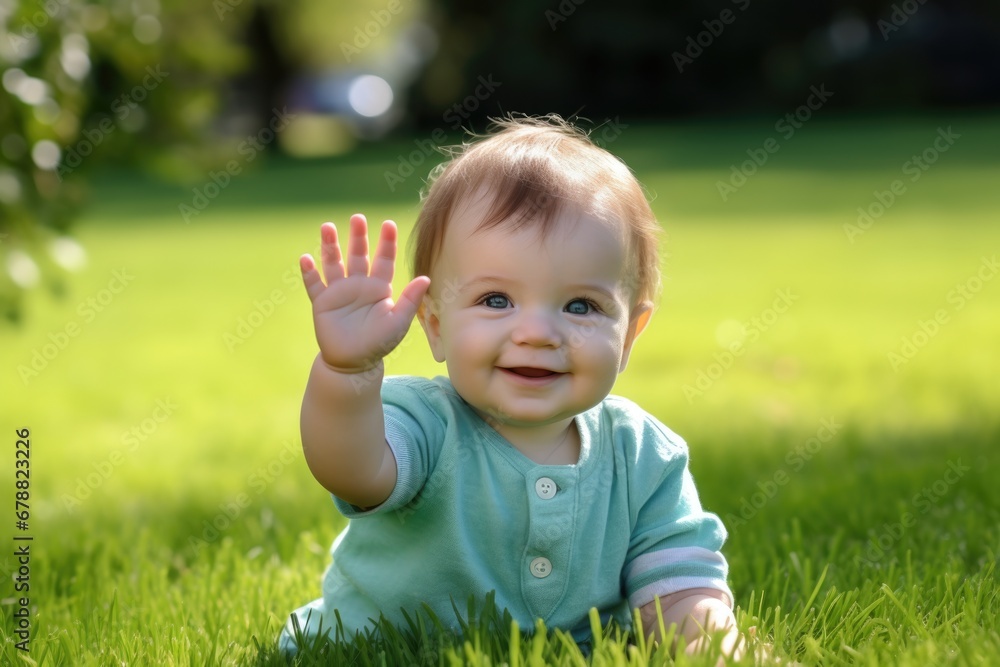 Happy Baby Waving Hello while Sitting on Green Grass Lawn Outdoors in Nature Happy Baby Waving Hello while Sitting on Green Grass Lawn Outdoors in Nature