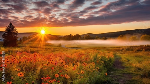 Sunrise Landscape in Canaan Valley with Wildflowers and Yellow Sunburst in Foggy Autumn Meadow