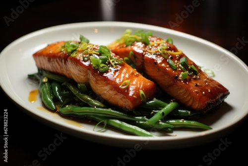 Miso Glazed Salmon and Green Beans. Delicious Seafood with Aromatic Ginger and Miso Sauce