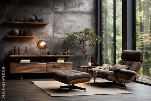 Loft interior design of modern living room with wooden and concrete paneling walls, sofa, and recliner chair