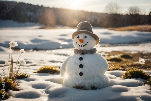Ein Schneemann schmilzt wegen Klimaerwärmung im Frühling © AdKrieger