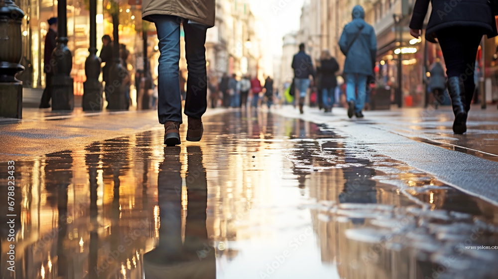 City street after rain, with rear view of people walking, reflection in water. Generative AI. - obrazy, fototapety, plakaty 