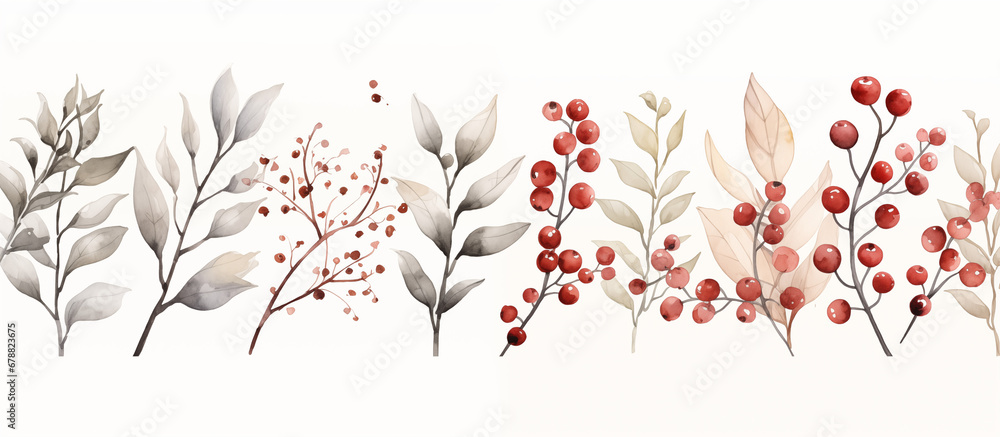 
Winter botanical watercolor leaf branches background vector illustration. Hand painted watercolor foliage, berry, pine leaves, holly sprig. Design for poster, wallpaper, banner, card, decoration. - obrazy, fototapety, plakaty 