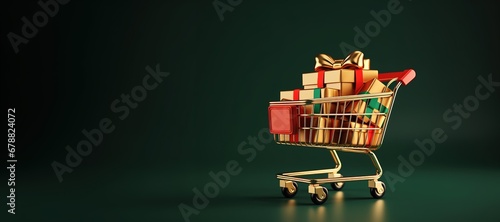 Generative AI, shopping cart with many gift boxes on red and green background with glittered bokeh, Christmas concept, discount and sale.	
 photo