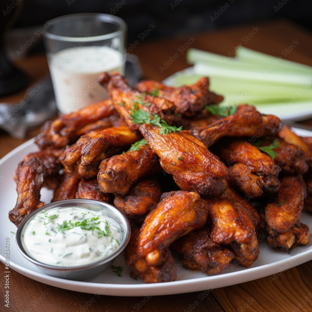 A plate of chicken wings with a side of ranch dip A plate of chicken wings with a side of ranch dip