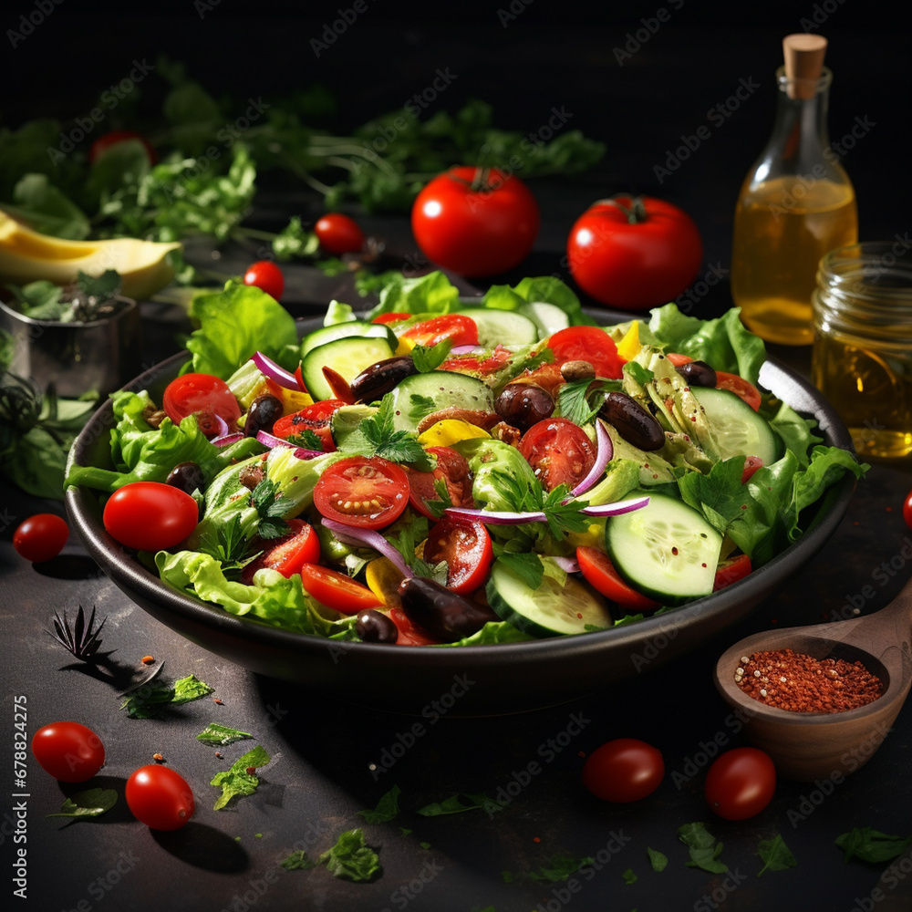 Fresh salad vegetables olives tomato cucumber lettuce mix leaves