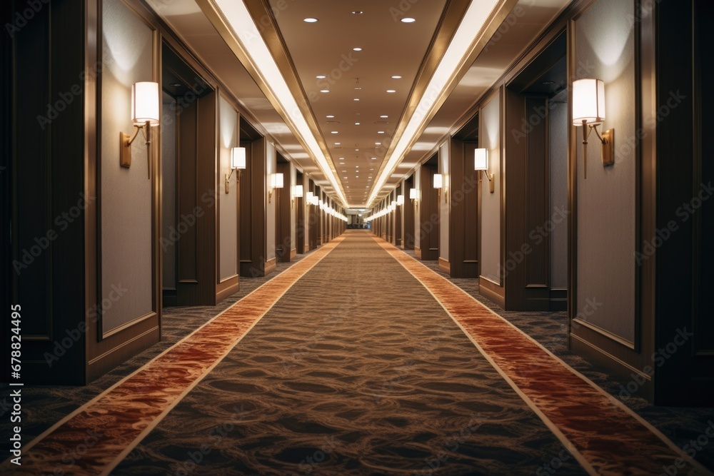 Modern Hotel Hallway with Long Design Corridor, Beautiful Ceiling Light and Carpeted Flooring