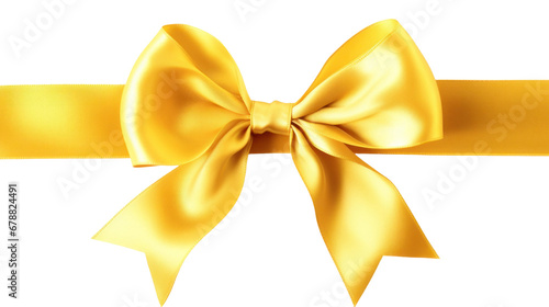 Beautiful shiny yellow silk bow isolated on transparent background, decorative design png element, clip art festive object.