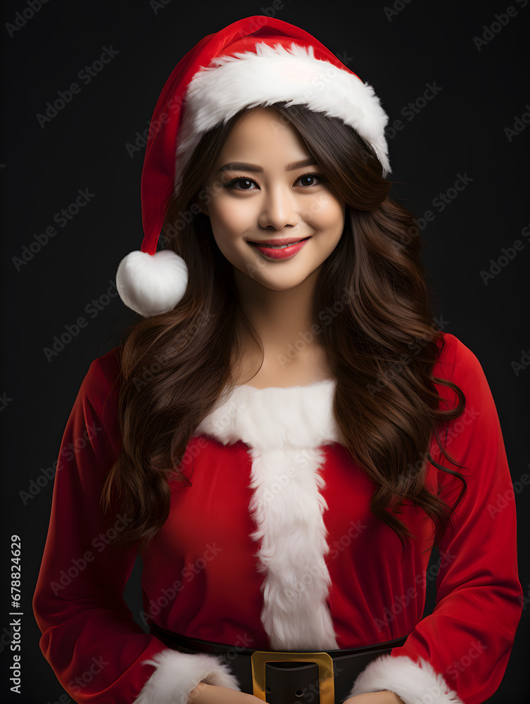 Smiling beautiful woman in Santa clothes on a Christmas background. New Year's celebration with copy space. Smiling beautiful woman in Santa clothes on a Christmas background. New Year's celebration with copy space.