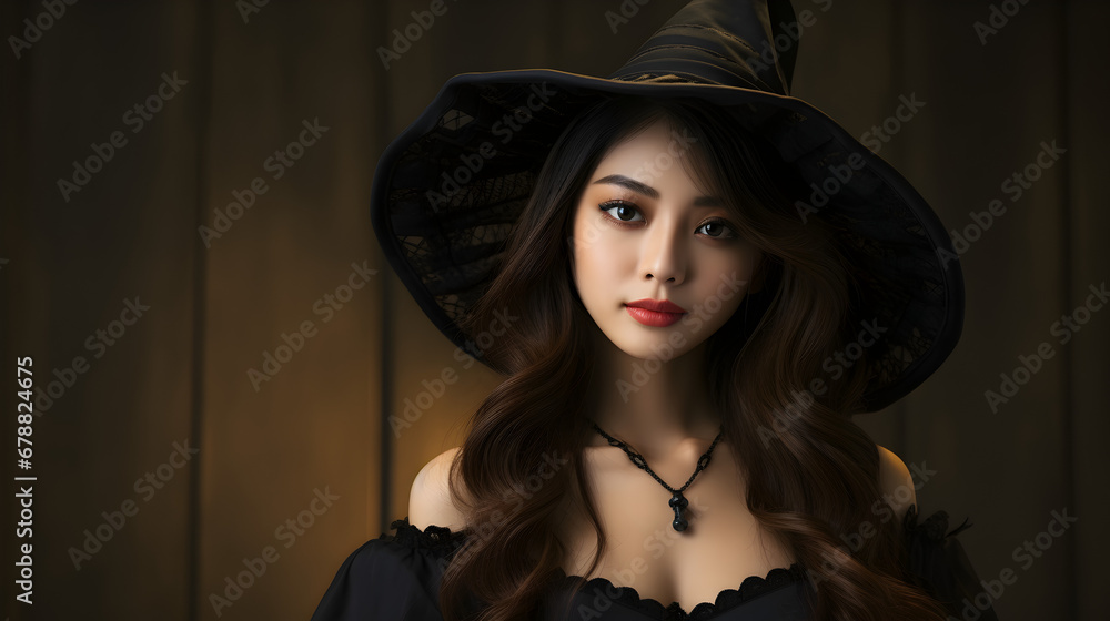 Beautiful asian woman wearing a witch costume Beautiful asian woman wearing a witch costume