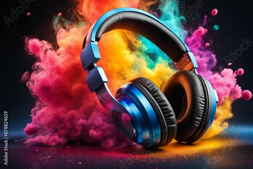 Loud music sound and light effects from stereo headphones exploding in colorful dust and smoke