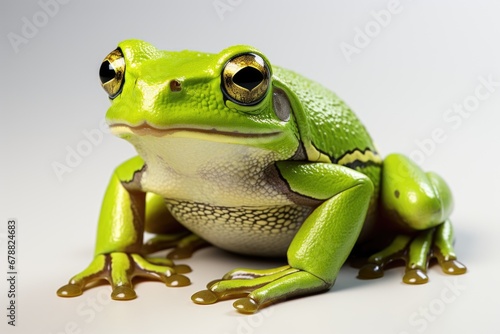 A close up of a frog on a white surface
