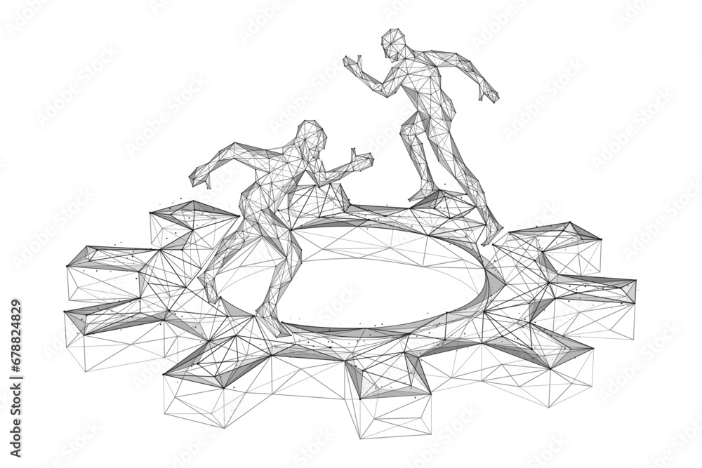 Obraz premium Running people on a gear wheel. Polygonal design of lines and dots.