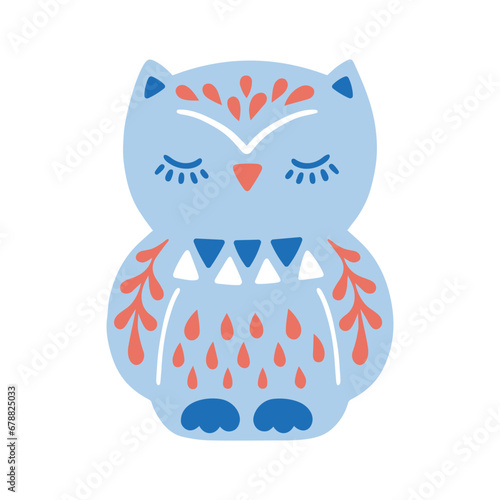 Vector illustration of patterned animal in Nordic style hygge. Silhouette of owl in folk style isolated on white background