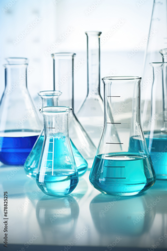 Laboratory equipment beakers and flask with backlight in different group. AI Generated Laboratory equipment beakers and flask with backlight in different group. AI Generated