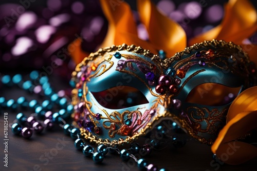 Mardi Gras holiday.carnival mask and beads decoration. Purple, Gold, and Green colors.